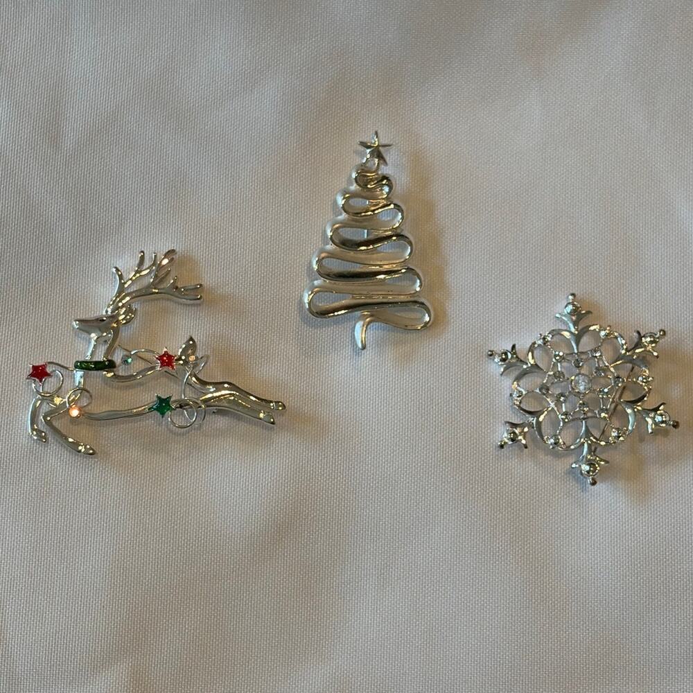 Lot of 3 Silver Tone Christmas Brooches Tree Snowflake Tanya Creations Reindeer